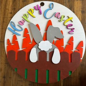 Hang Crafted Wooden " Happy Easter" Bunny Booty With Cotton Tail  Door Hanger